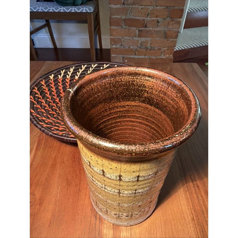 David Fernandez Seagrove Stoneware Striped Art Pottery Vase Utensil Holder-READ
